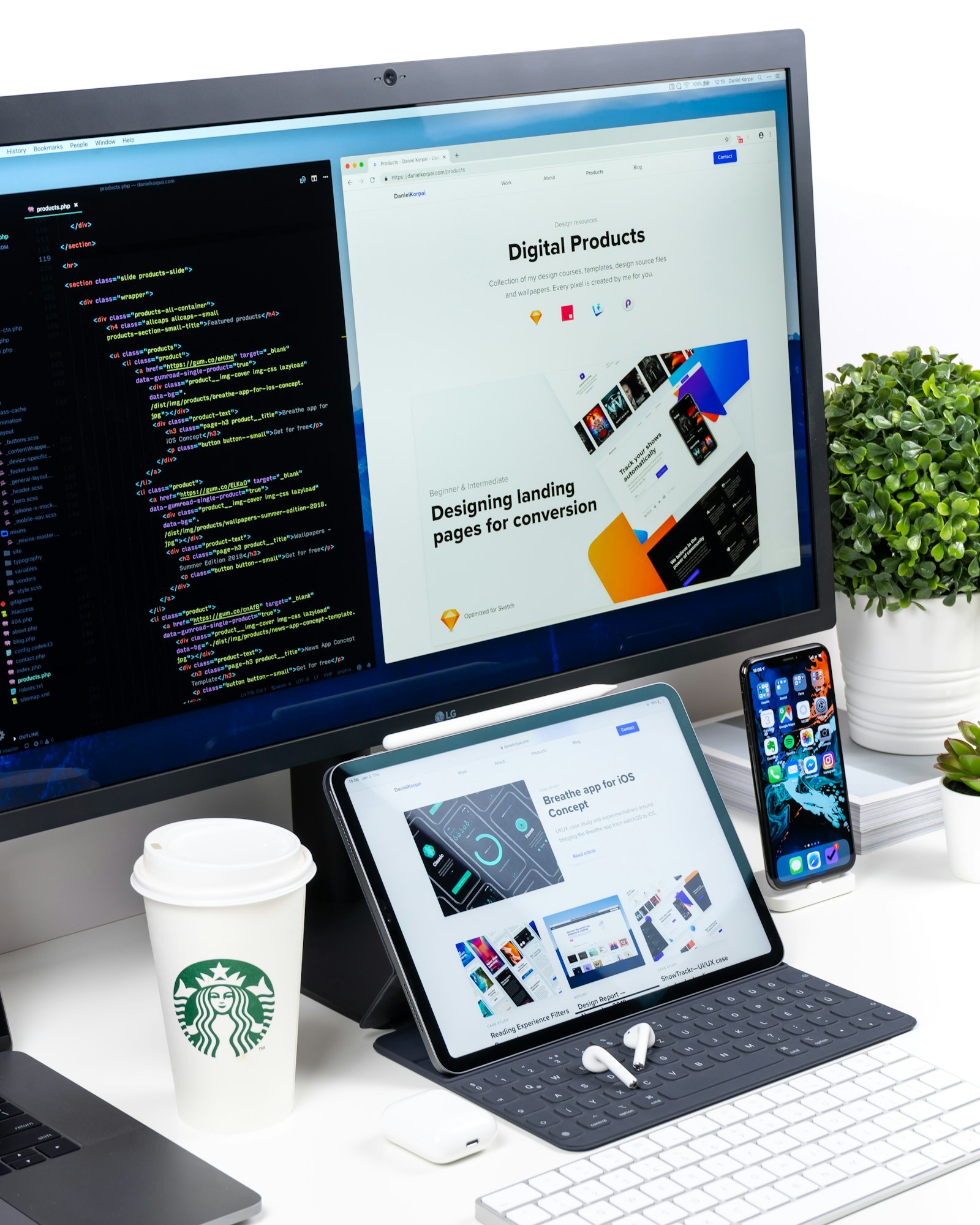 Code editor and a landing-page design open across a monitor, tablet and phone